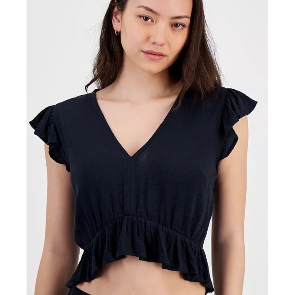 NWT Miken Swim Cover Up Top Womens Black Ruffle V-Neck High Low Medium $28